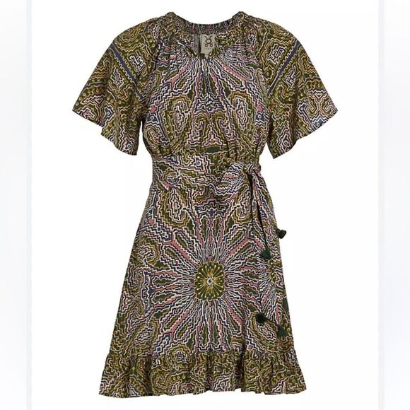 NWT Figue Cleo Silk Ruffle Neck Belted Dress in Medallion Multi Spruce XS - Picture 15 of 15
